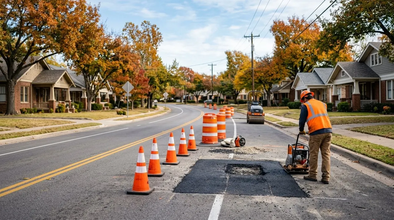 McKinney road construction zone showing pothole damage that leads to the need for suspension and strut repair.