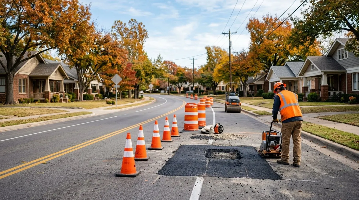 McKinney road construction zone showing pothole damage that leads to the need for suspension and strut repair.